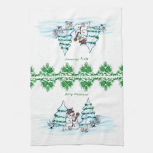 Frohe Weihnachten! Schneemann mit Katze und Welpe Geschirrtuch