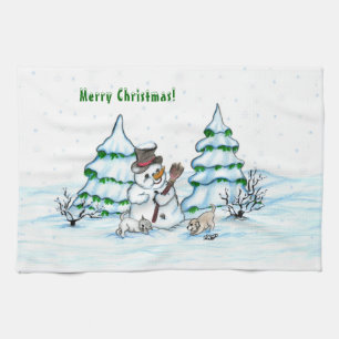 Frohe Weihnachten! Schneemann mit Katze und Welpe Geschirrtuch