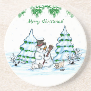 Frohe Weihnachten! Schneemann mit Katze und Welpe Getränkeuntersetzer