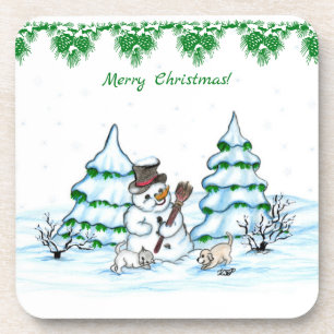 Frohe Weihnachten! Schneemann mit Katze und Welpe Getränkeuntersetzer