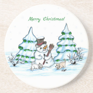 Frohe Weihnachten! Schneemann mit Katze und Welpe Getränkeuntersetzer