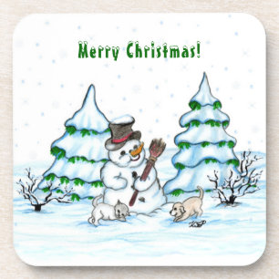 Frohe Weihnachten! Schneemann mit Katze und Welpe Getränkeuntersetzer