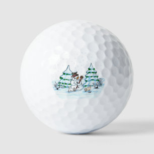 Frohe Weihnachten! Schneemann mit Katze und Welpe Golfball