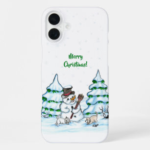 Frohe Weihnachten! Schneemann mit Katze und Welpe iPhone 16 Plus Hülle