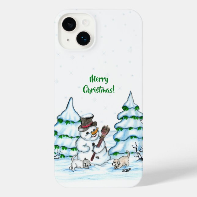 Frohe Weihnachten! Schneemann mit Katze und Welpe iPhone Hülle (Rückseite)