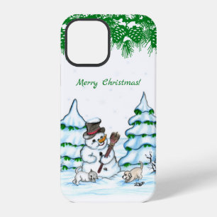 Frohe Weihnachten! Schneemann mit Katze und Welpe iPhone 12 Pro Hülle
