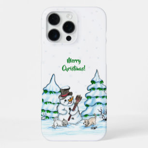 Frohe Weihnachten! Schneemann mit Katze und Welpe iPhone 16 Pro Max Hülle