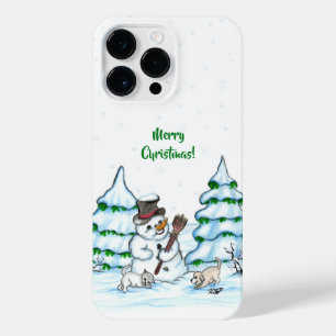Frohe Weihnachten! Schneemann mit Katze und Welpe iPhone 14 Pro Max Hülle