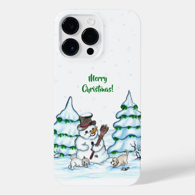 Frohe Weihnachten! Schneemann mit Katze und Welpe iPhone Hülle (Rückseite)