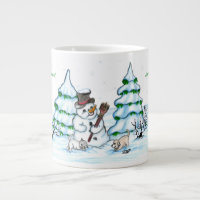 Frohe Weihnachten! Schneemann mit Katze und Welpe