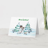 Frohe Weihnachten! Schneemann mit Katze und Welpe