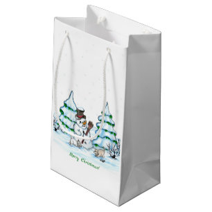 Frohe Weihnachten! Schneemann mit Katze und Welpe Kleine Geschenktüte