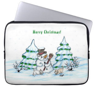 Frohe Weihnachten! Schneemann mit Katze und Welpe Laptopschutzhülle