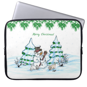 Frohe Weihnachten! Schneemann mit Katze und Welpe Laptopschutzhülle
