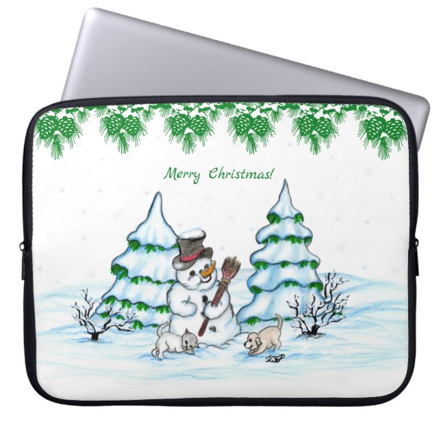 Frohe Weihnachten! Schneemann mit Katze und Welpe Laptopschutzhülle (Vorderseite)