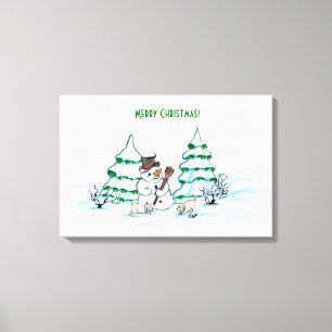 Frohe Weihnachten! Schneemann mit Katze und Welpe Leinwanddruck