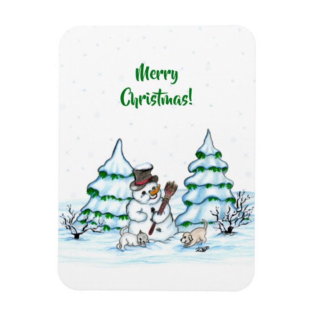 Frohe Weihnachten! Schneemann mit Katze und Welpe Magnet (Vertikal)
