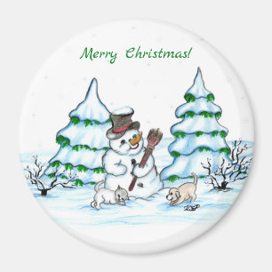 Frohe Weihnachten! Schneemann mit Katze und Welpe Magnet
