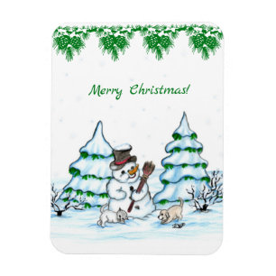Frohe Weihnachten! Schneemann mit Katze und Welpe Magnet