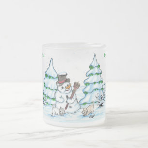 Frohe Weihnachten! Schneemann mit Katze und Welpe Mattglastasse