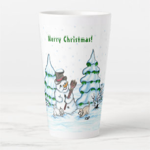 Frohe Weihnachten! Schneemann mit Katze und Welpe Milchtasse