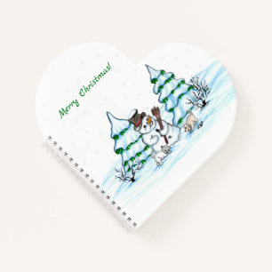 Frohe Weihnachten! Schneemann mit Katze und Welpe Notizbuch