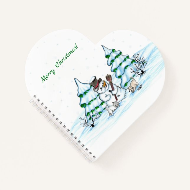 Frohe Weihnachten! Schneemann mit Katze und Welpe Notizbuch (Vorderseite)