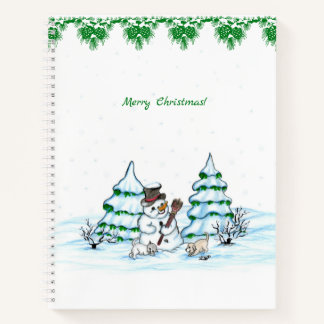 Frohe Weihnachten! Schneemann mit Katze und Welpe Notizbuch