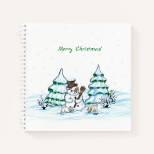 Frohe Weihnachten! Schneemann mit Katze und Welpe Notizbuch