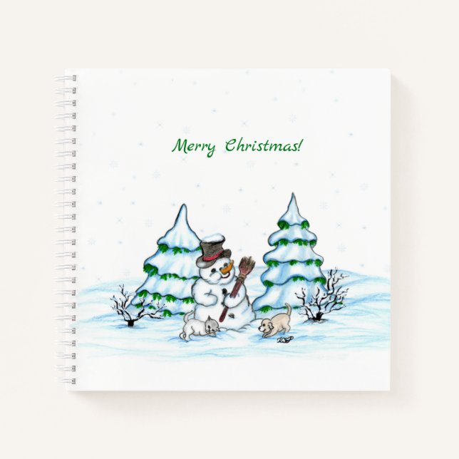 Frohe Weihnachten! Schneemann mit Katze und Welpe Notizbuch (Vorderseite)