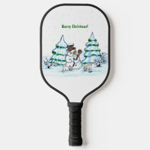Frohe Weihnachten! Schneemann mit Katze und Welpe Pickleball Schläger