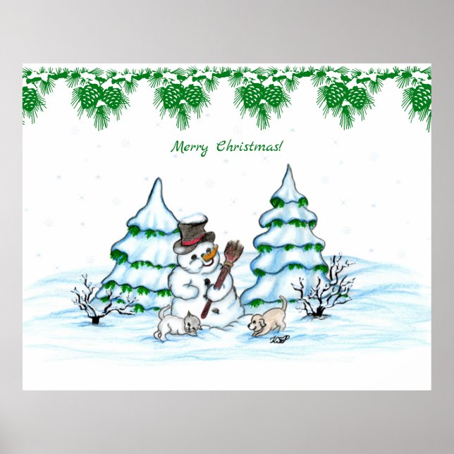 Frohe Weihnachten! Schneemann mit Katze und Welpe Poster (Vorne)