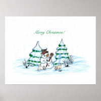 Frohe Weihnachten! Schneemann mit Katze und Welpe