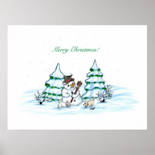 Frohe Weihnachten! Schneemann mit Katze und Welpe Poster