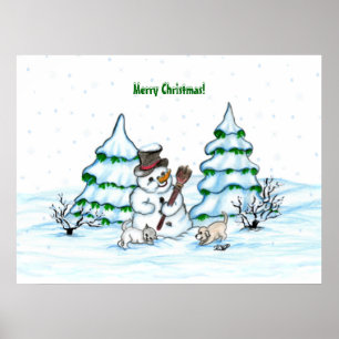 Frohe Weihnachten! Schneemann mit Katze und Welpe Poster