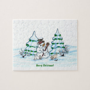 Frohe Weihnachten! Schneemann mit Katze und Welpe Puzzle