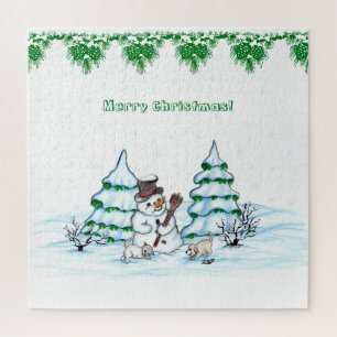 Frohe Weihnachten! Schneemann mit Katze und Welpe Puzzle