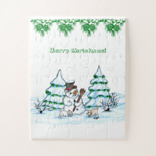 Frohe Weihnachten! Schneemann mit Katze und Welpe Puzzle