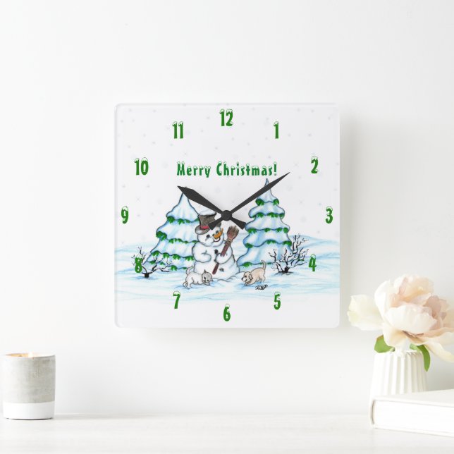 Frohe Weihnachten! Schneemann mit Katze und Welpe Quadratische Wanduhr (Zuhause)