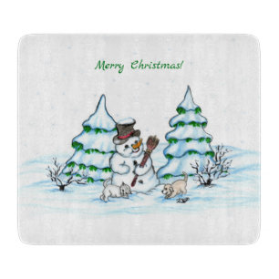 Frohe Weihnachten! Schneemann mit Katze und Welpe Schneidebrett