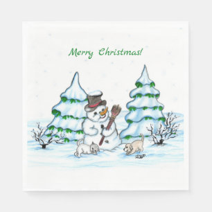 Frohe Weihnachten! Schneemann mit Katze und Welpe Serviette