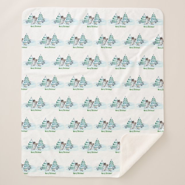 Frohe Weihnachten! Schneemann mit Katze und Welpe Sherpadecke (Vorderseite)