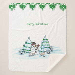 Frohe Weihnachten! Schneemann mit Katze und Welpe Sherpadecke