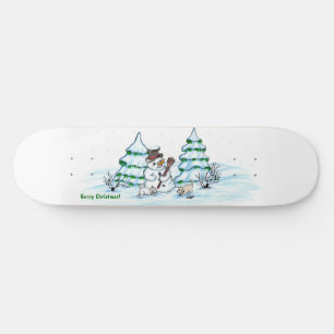 Frohe Weihnachten! Schneemann mit Katze und Welpe Skateboard