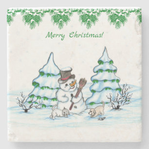 Frohe Weihnachten! Schneemann mit Katze und Welpe Steinuntersetzer