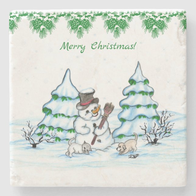 Frohe Weihnachten! Schneemann mit Katze und Welpe Steinuntersetzer (Vorderseite)
