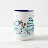 Frohe Weihnachten! Schneemann mit Katze und Welpe