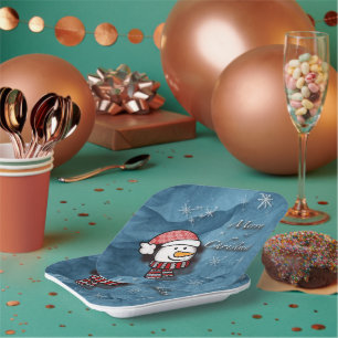 Frohe Weihnachten, Schneemann mit Strickkleidung Pappteller