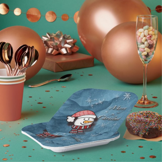 Frohe Weihnachten, Schneemann mit Strickkleidung Pappteller (Multi)