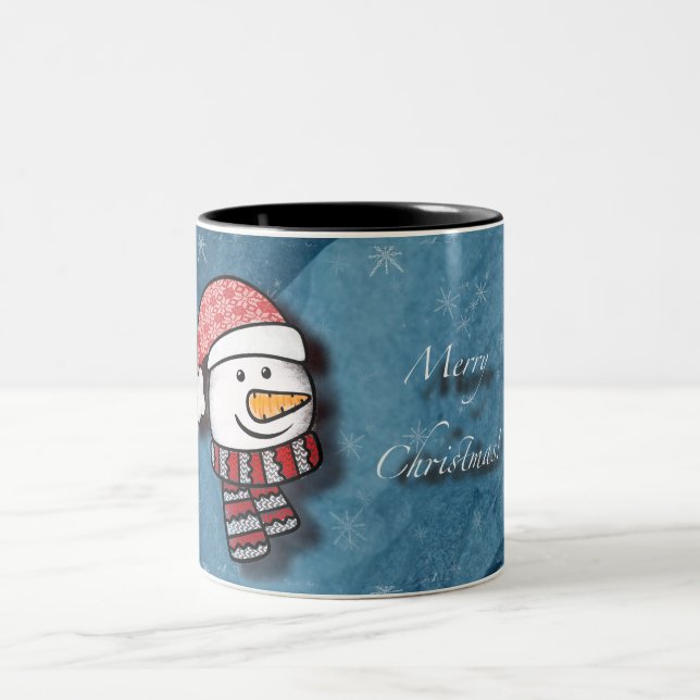 Frohe Weihnachten, Schneemann mit Strickkleidung Zweifarbige Tasse (Mittel)